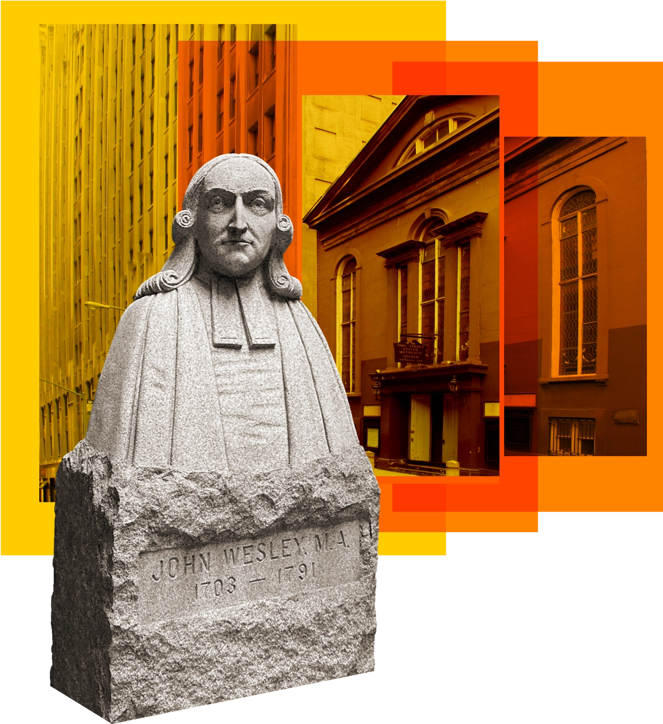 Photocollage of John Wesley statue and building